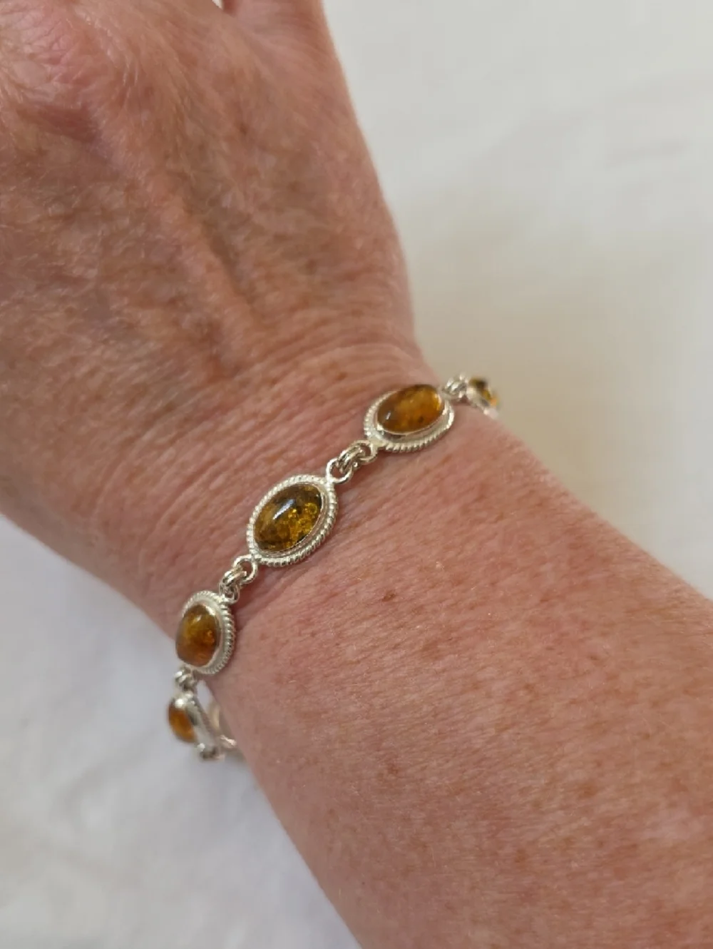 Sterling Silver Amber Link Bracelet in Honey Amber Size 7.25